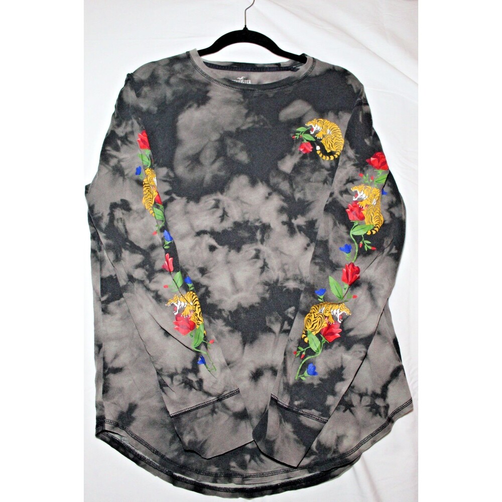 Hollister Womens Tie Dye Long Sleeve Tiger Rose Tee L Y2K Edgy Grunge Tattoo Art